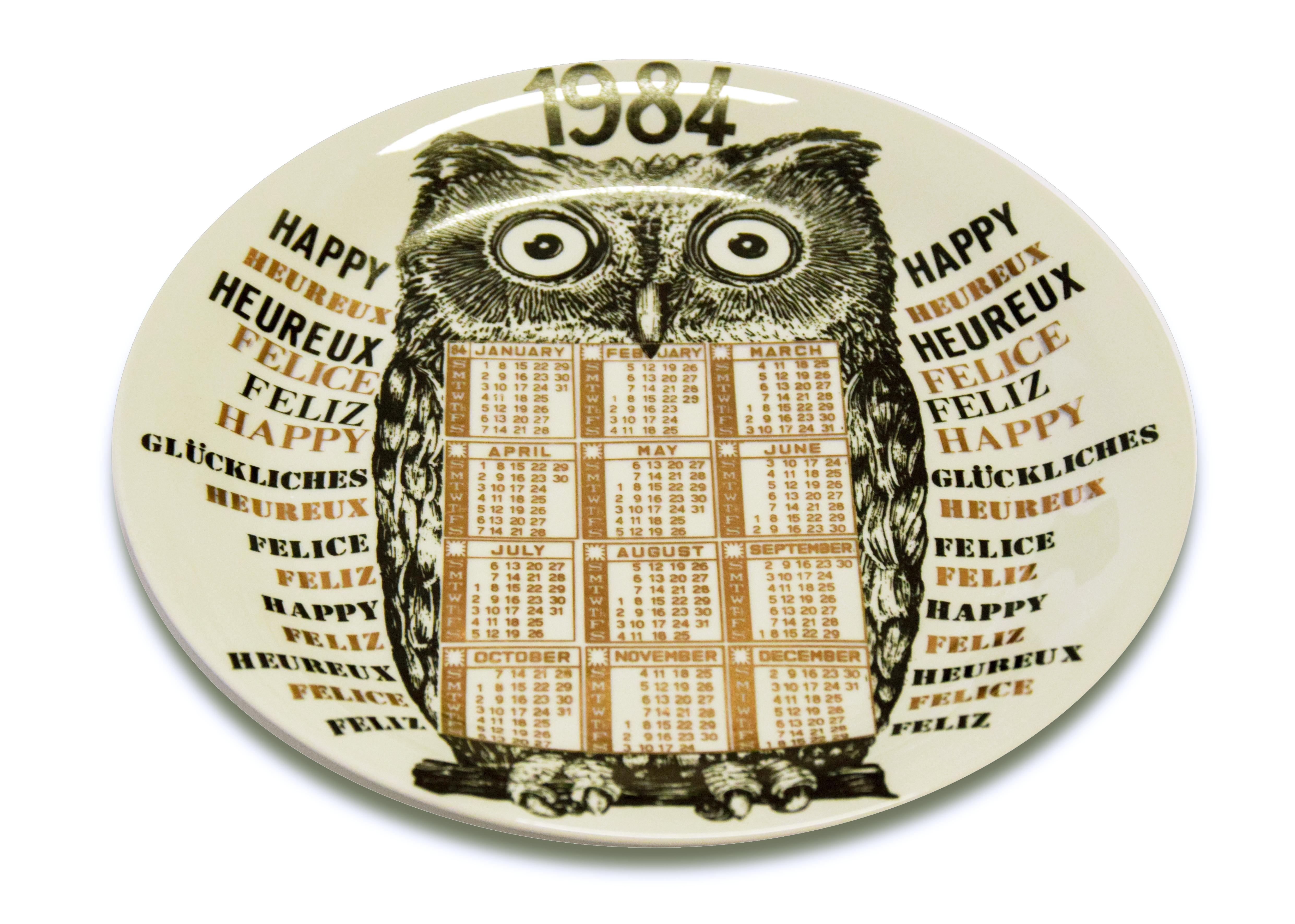 Happy 1984, Calendario is a silk-screened porcelain artist plate, designed by Piero Fornasetti in the same year, 1984.

From the Calendario series, the Happy New Year plates series. 

Excellent condition, except for some slight signs of