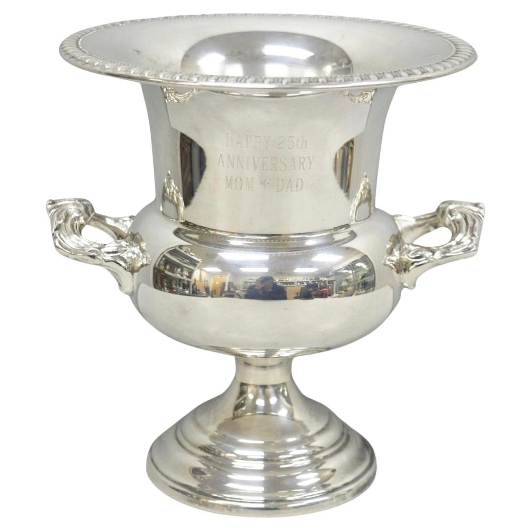 Happy 25th Anniversary Mom+Dad Silver Plated Trophy Cup Urn Champagne Ice Bucket For Sale