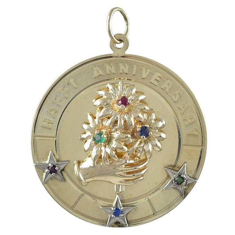 Happy Anniversary Gold Gemset Charm Pendant In Excellent Condition For Sale In New York, NY