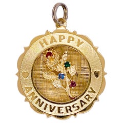 Happy Anniversary Pendant in 14k Gold w Sapphire, Rubies, Emerald, Circle 14kt