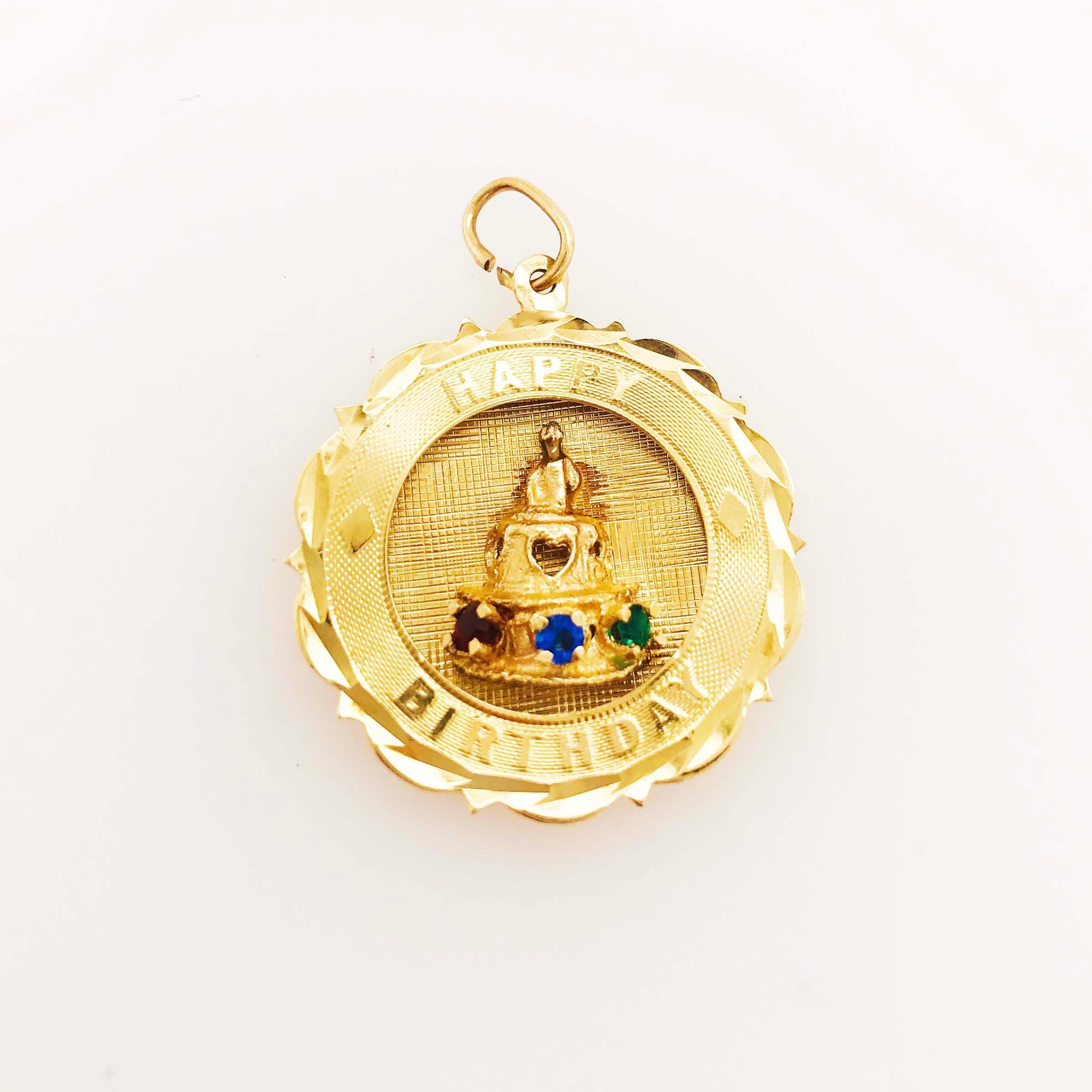 No better way to say I love you than a special gift she can wear everyday! This handmade Happy Birthday charm can a symbol of any birthday and it is a fine jewelry piece made with solid 14 karat yellow gold and genuine gemstones set on the front.