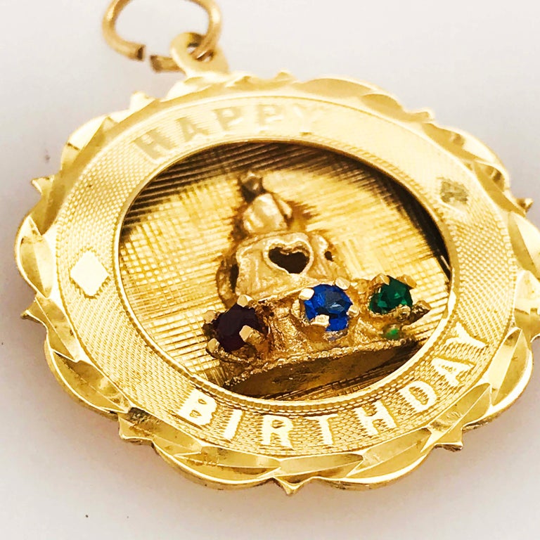 Happy Birthday Charm 14K Gold Charm with Sapphire, Ruby and Emerald