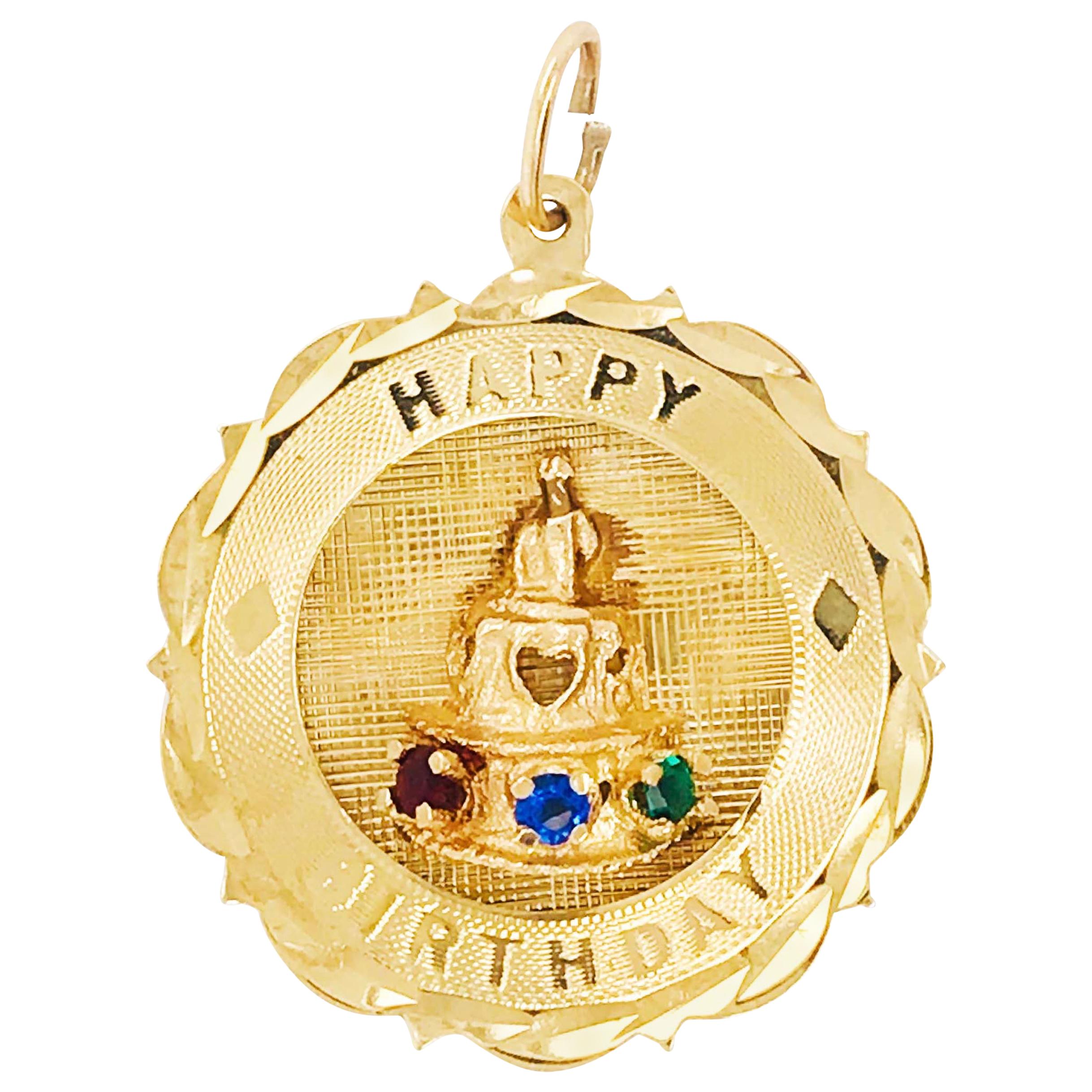 Happy Birthday Charm 14K Gold Charm with Sapphire, Ruby and Emerald Gemstones