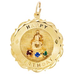 Happy Birthday Charm 14K Gold Charm with Sapphire, Ruby and Emerald Gemstones