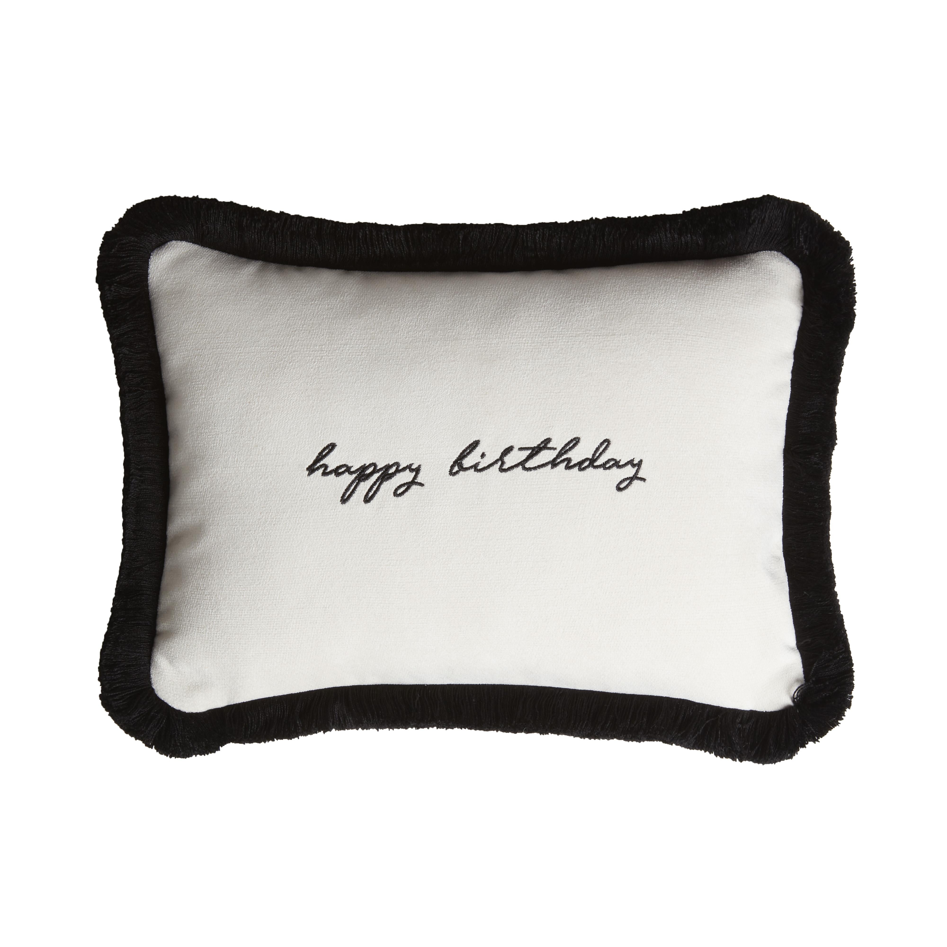 Modern Happy Birthday Cushion Black Velvet with White Fringes For Sale