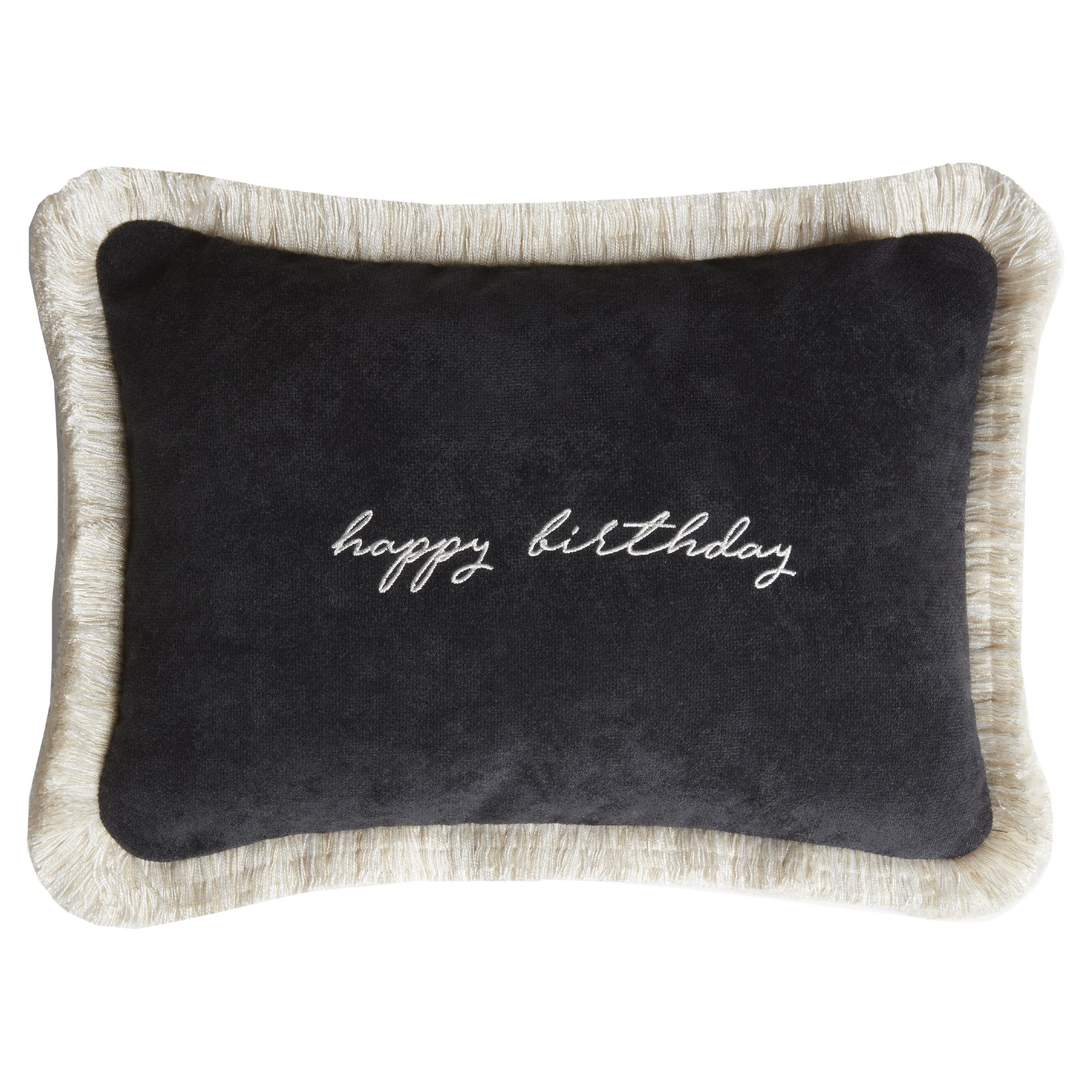 Happy Birthday Cushion Black Velvet with White Fringes For Sale