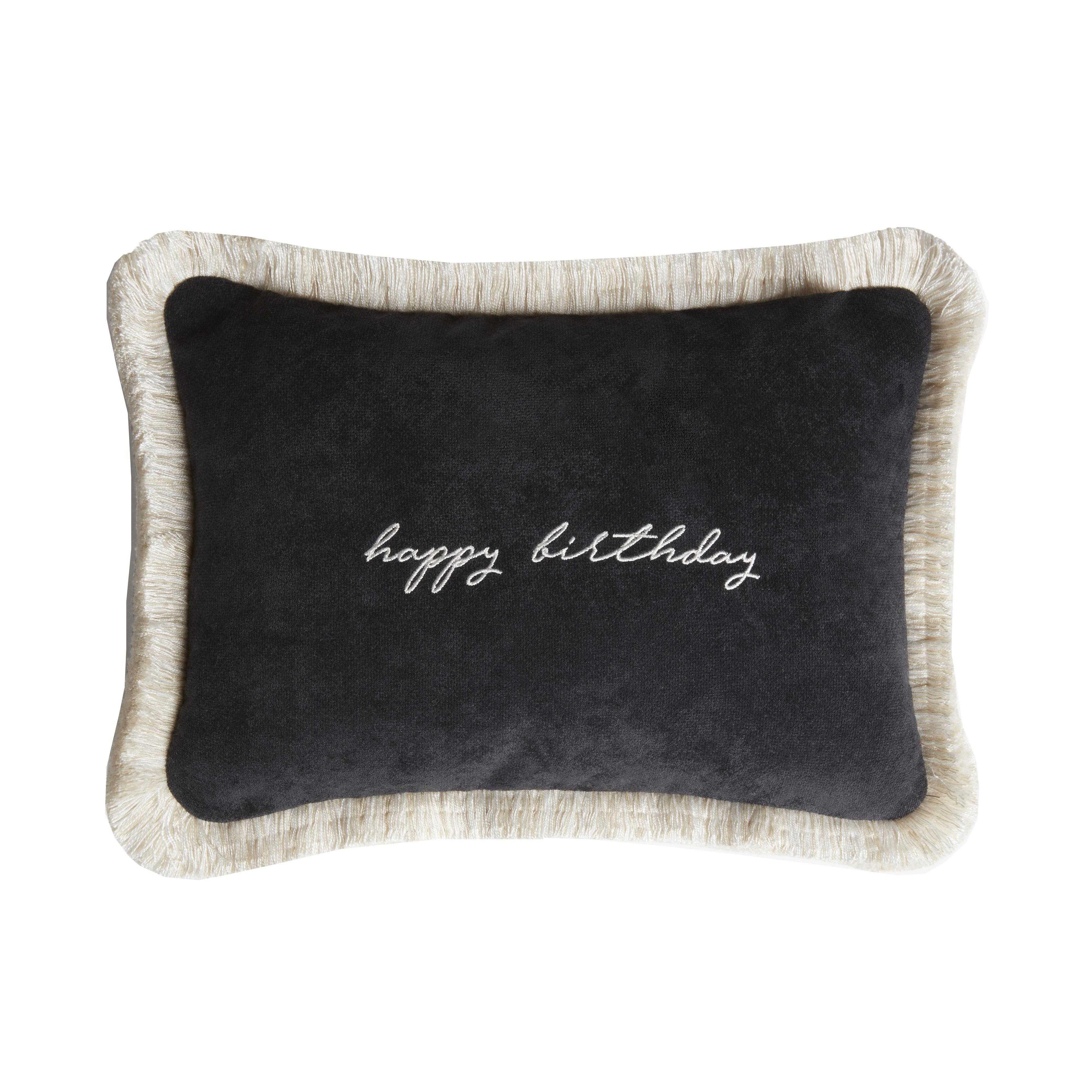 Modern Happy Birthday Cushion White Velvet with Black Fringes For Sale