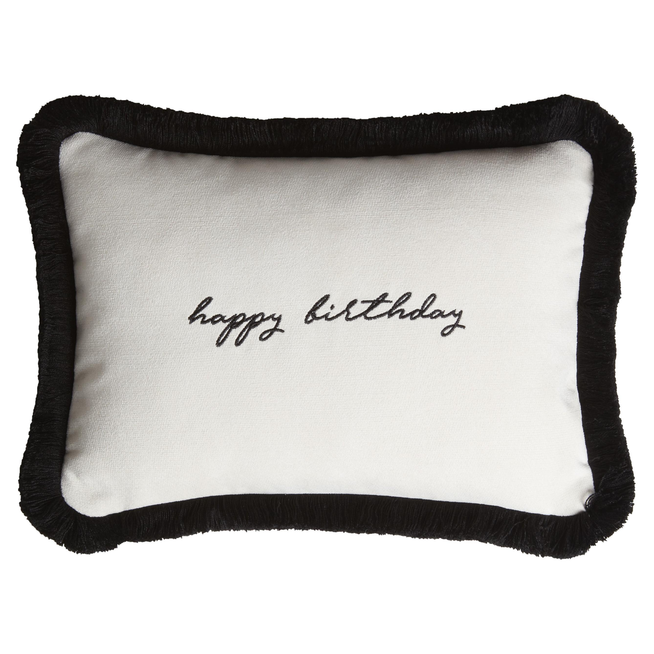 Happy Birthday Cushion White Velvet with Black Fringes For Sale