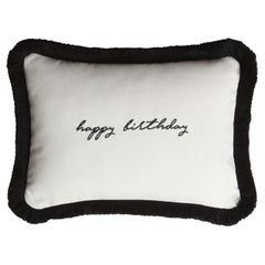 Happy Birthday Cushion White Velvet with Black Fringes