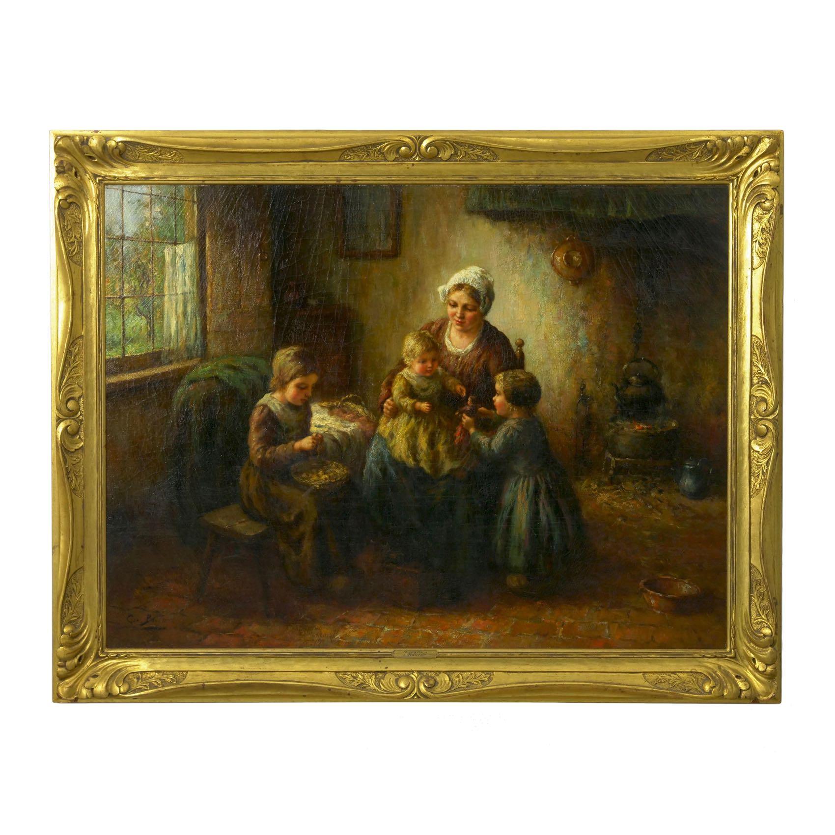 An exquisite work of art executed in oil on canvas by Cornelis Wouter Bouter, it is a quintessential representation of his oeuvre, which focused almost entirely on scenes of mothers with children and captured love and peace in the midst of poverty.
