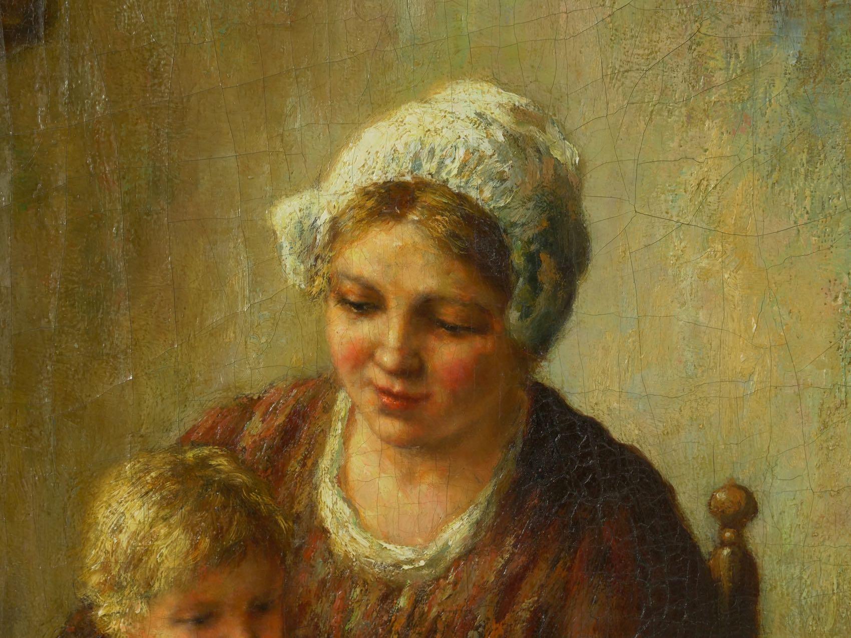 Hand-Painted “Happy Days” Oil Painting on Canvas of Mother W/ Children by Cornelius Wouter B