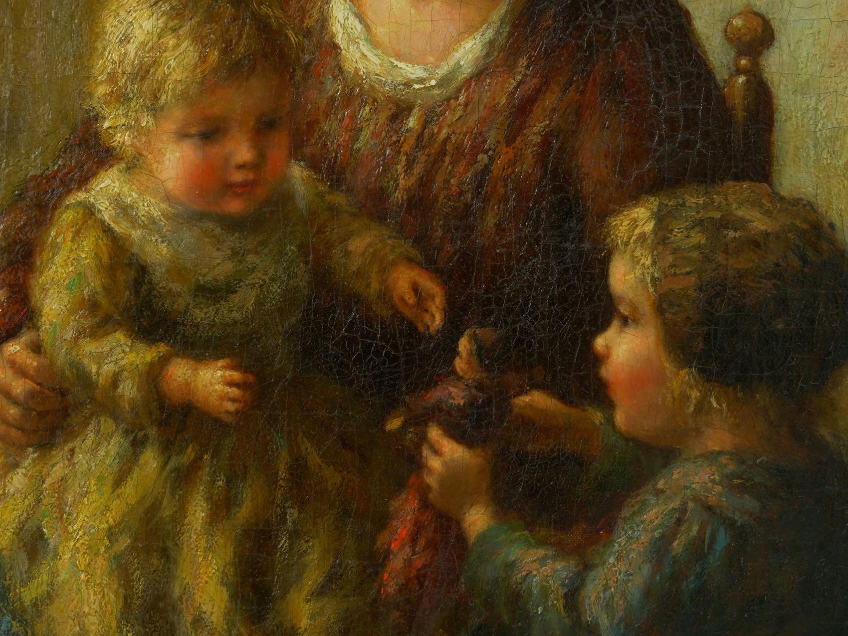 “Happy Days” Oil Painting on Canvas of Mother W/ Children by Cornelius Wouter B In Good Condition In Shippensburg, PA