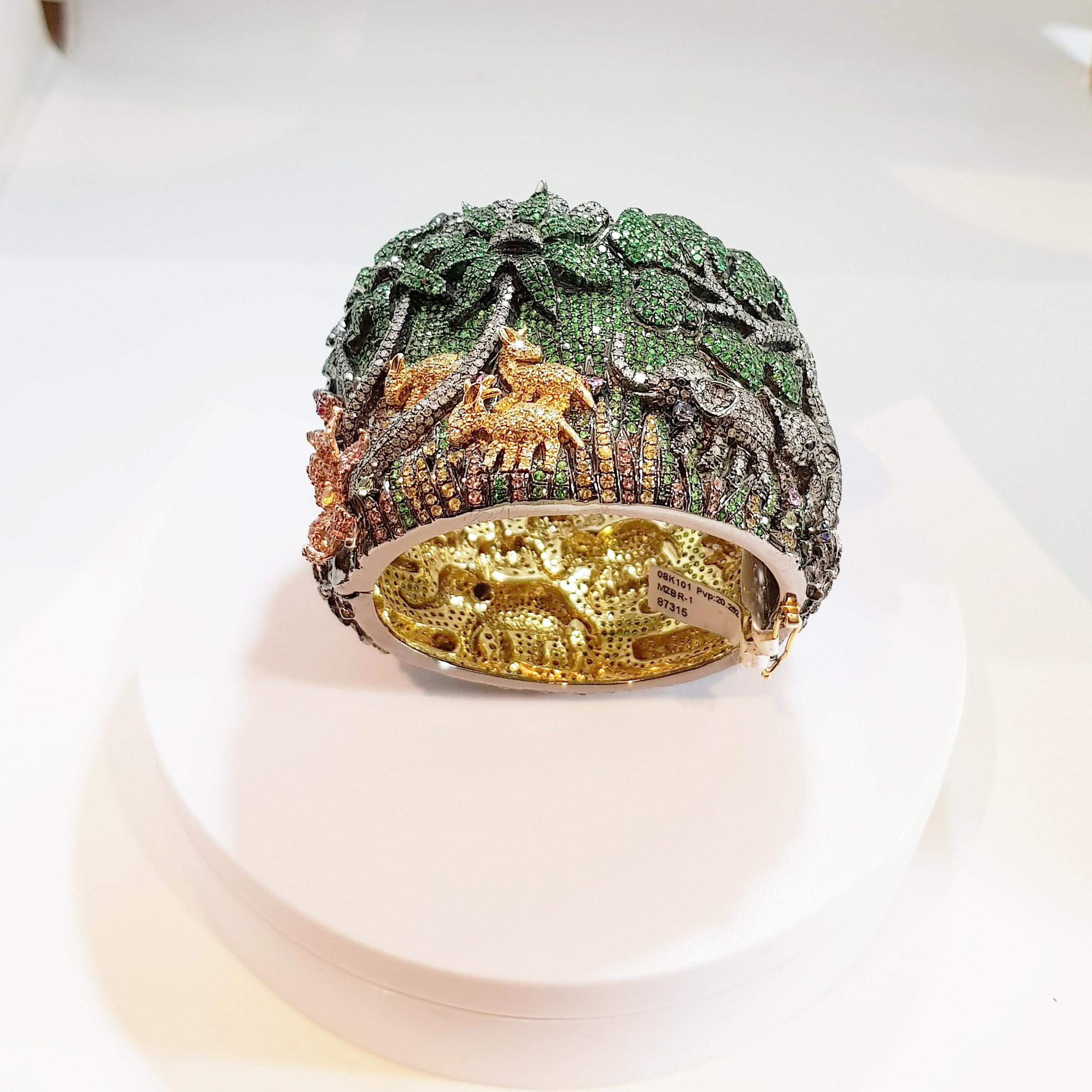 Brilliant Cut Happy Elephant Jungle Tsavorites and Diamonds Clamper Bracelet For Sale