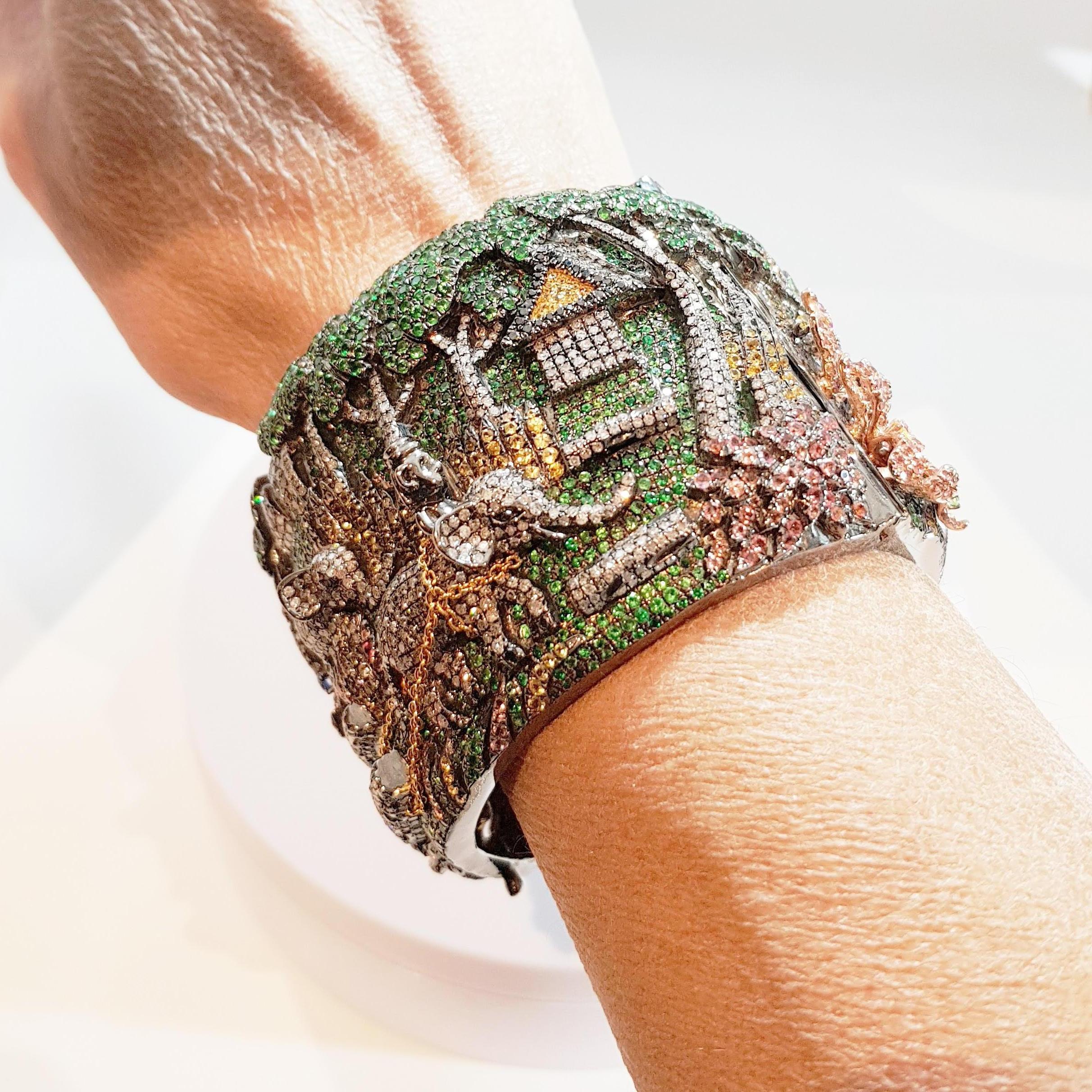 Aesthetic Movement Happy Elephant Jungle Tsavorites and Diamonds Clamper Bracelet For Sale