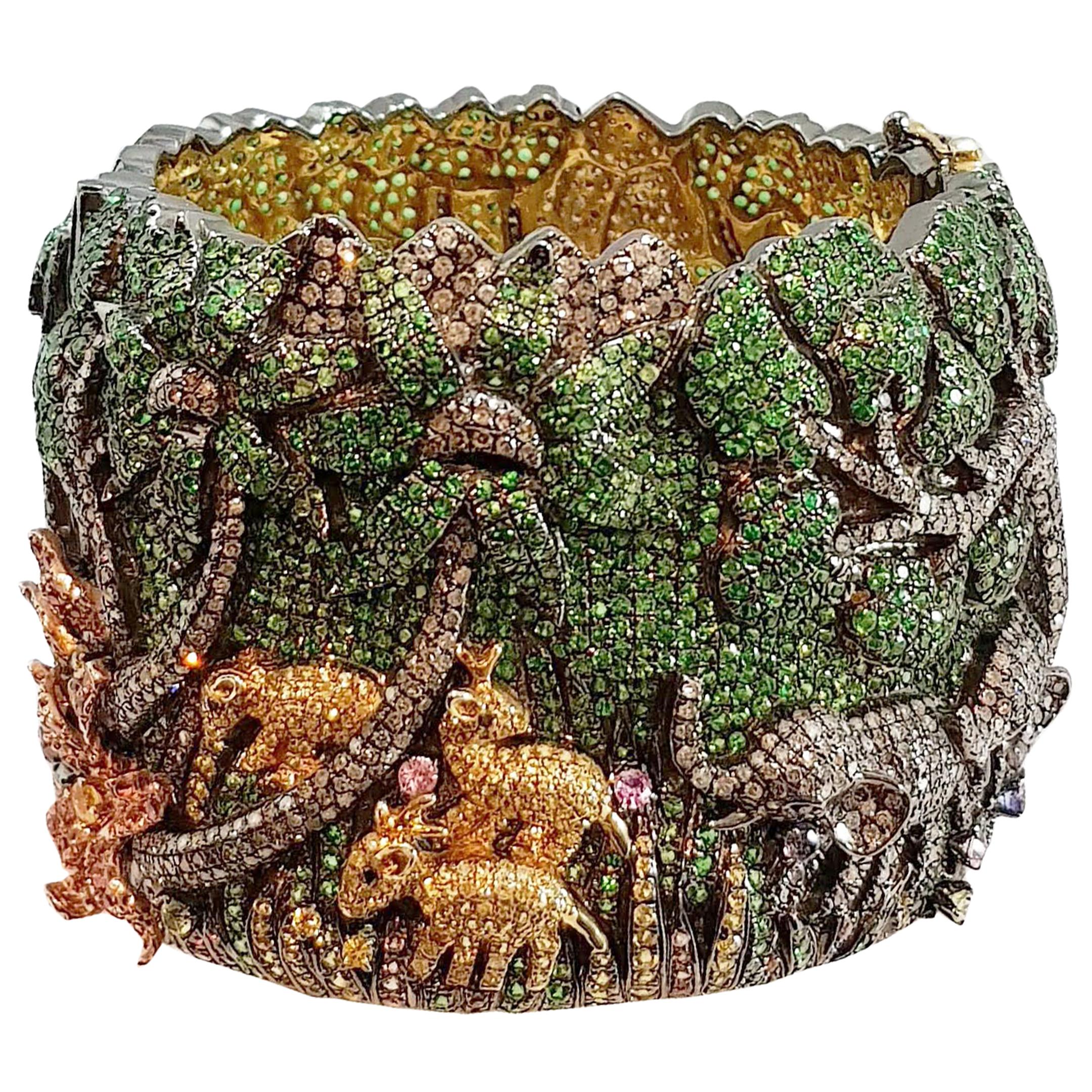 Happy Elephant Jungle Tsavorites and Diamonds Clamper Bracelet For Sale