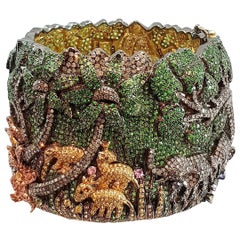 Vintage Happy Elephant Jungle Tsavorites and Diamonds Clamper Bracelet