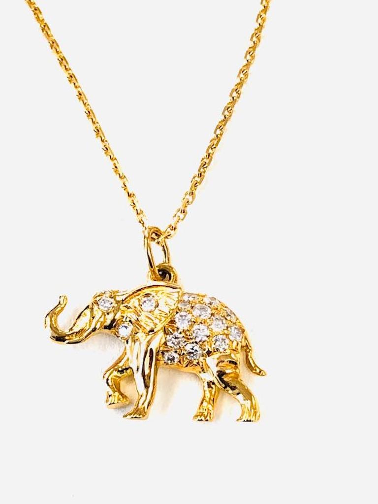 Round Cut 18 Karat Gold Diamond Happy Elephant Pendant Necklace For Sale