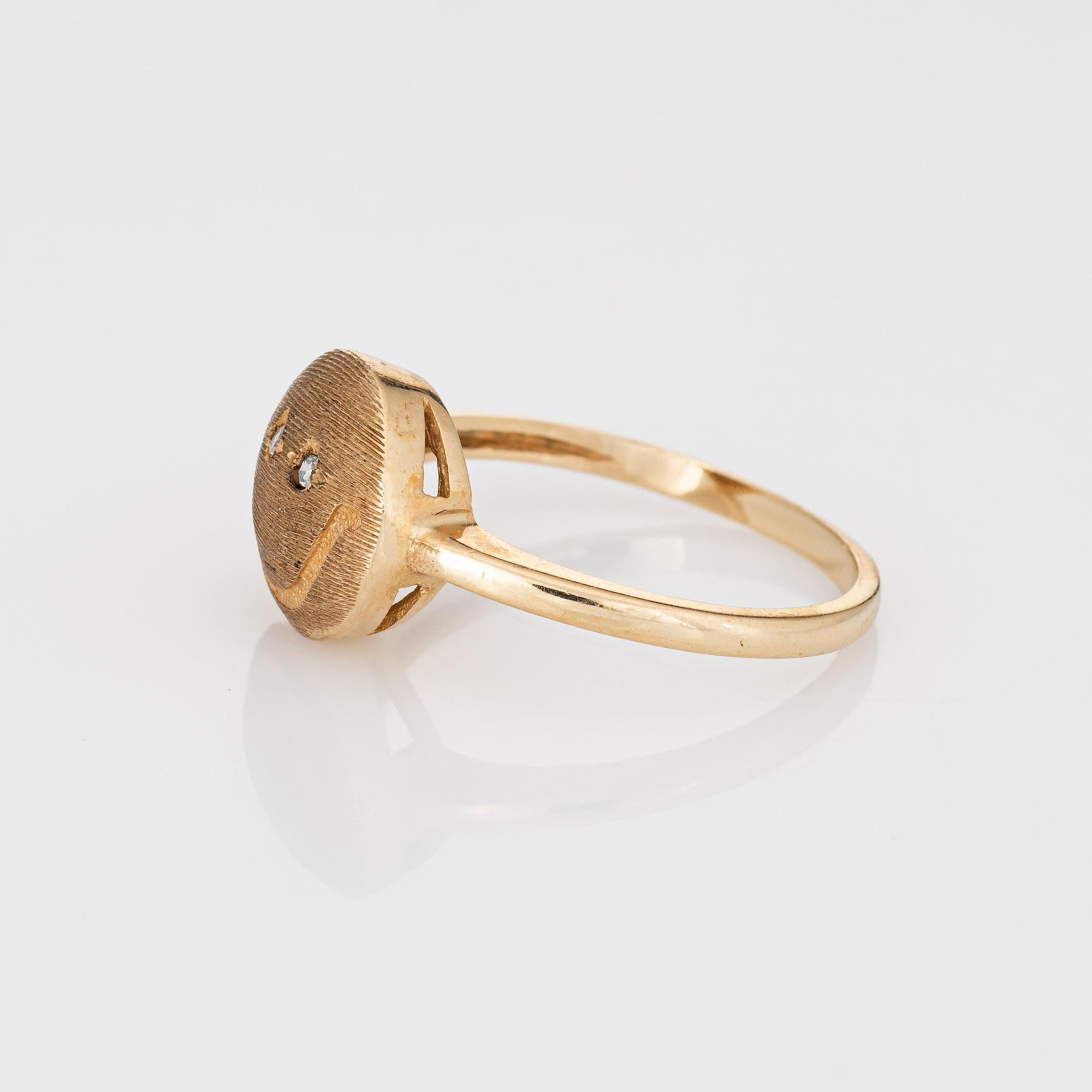 Happy Face Diamond Eyes Ring Vintage 14k Gelbgold Estate Jewelry (Rundschliff)
