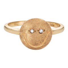 Happy Face Diamond Eyes Ring Vintage 14k Gelbgold Estate Jewelry