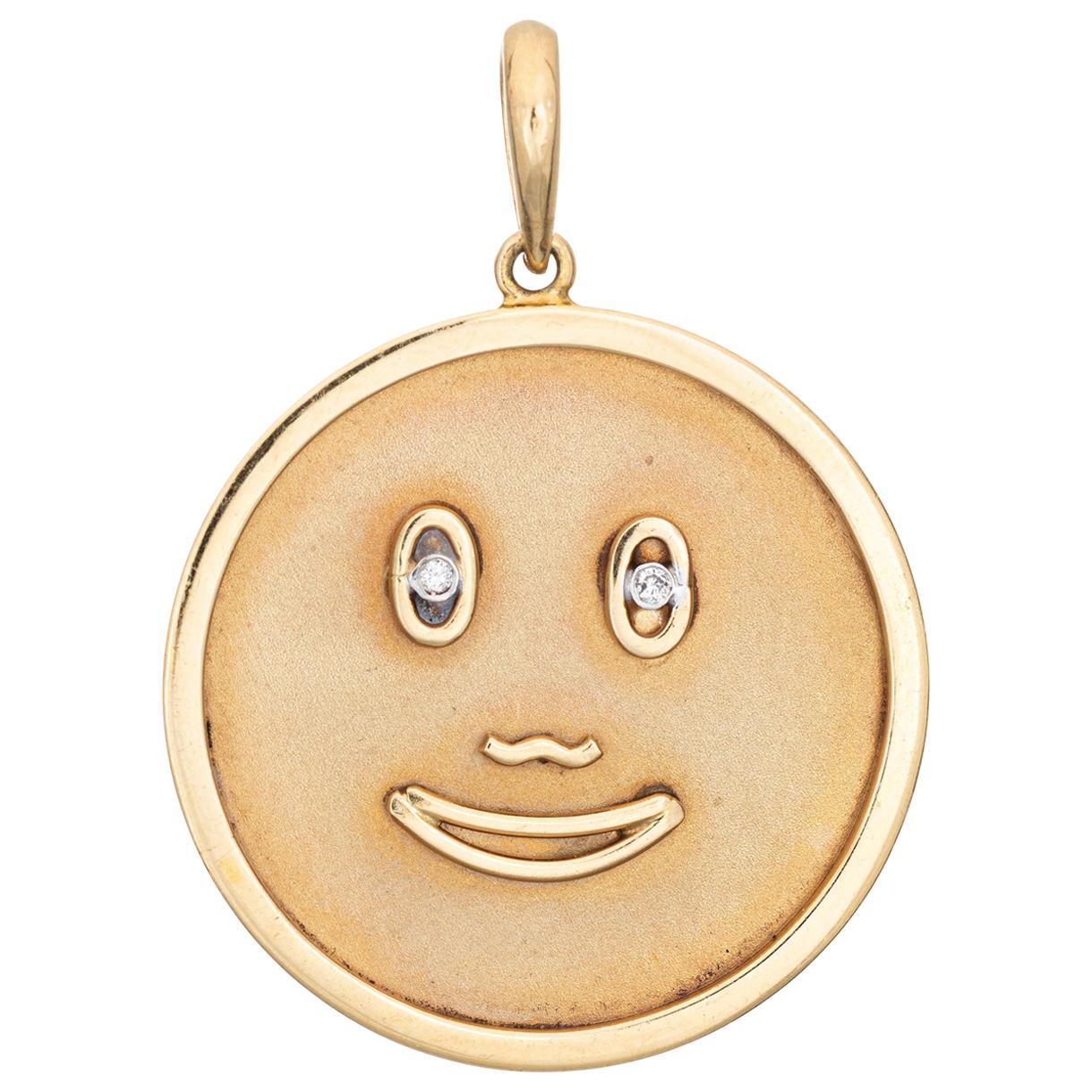 Happy Face Medallion Pendant Vintage Diamond Eyes 14k Yellow Gold Large Round