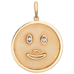 Ciondolo Medaglione Viso Felice Occhi di Diamante Vintage Oro Giallo 14k Grande Rotondo