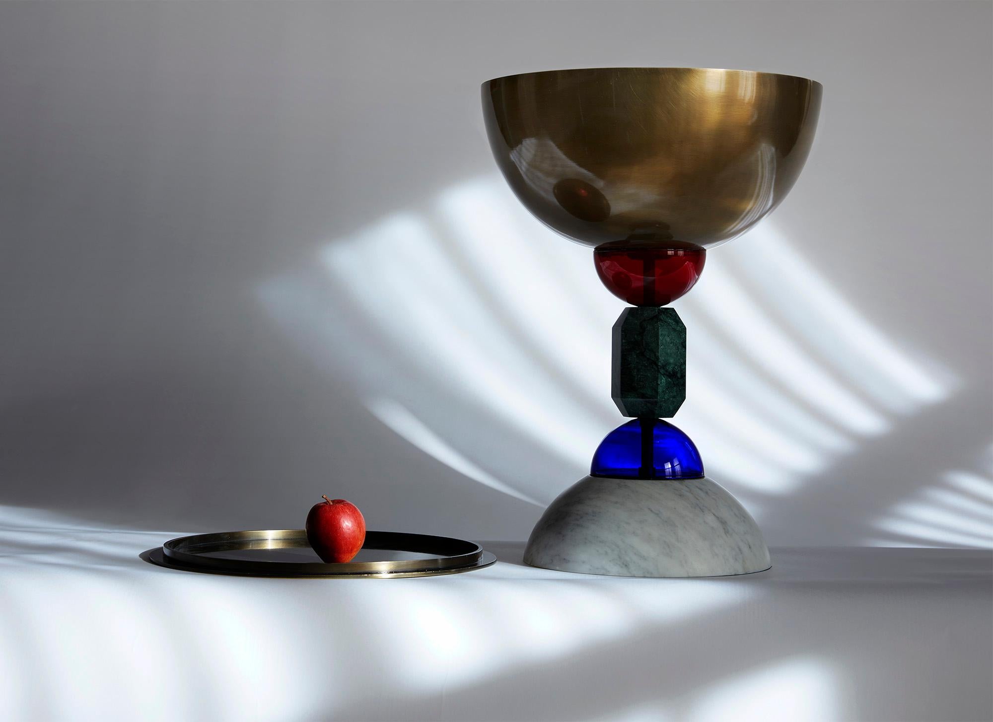 Contemporary Handcrafted Chalice, Pop Art Sculptural Vessel by BelBar Studio 

Happy Grail Chalice is a vessel sculpture with a large bowl in brass, supported by a multi-coloured stem in ruby and sapphire coloured glass, Guatemala and Carrara bianco
