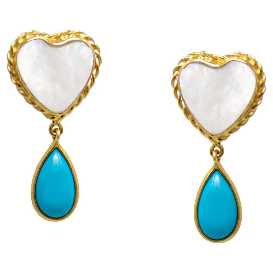 Happy Hearts Pearl And Turquoise Earrings For Sale
