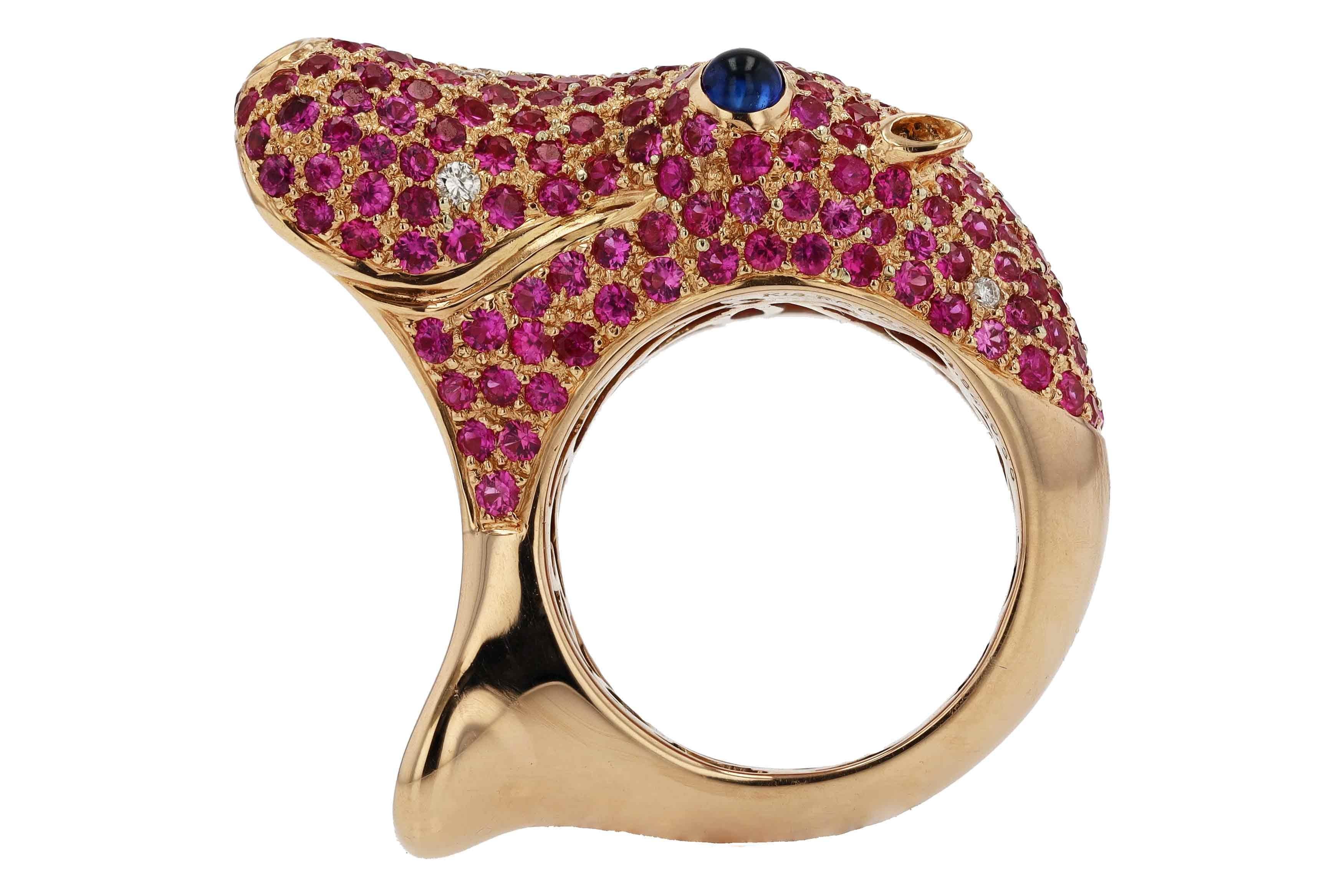 Round Cut Happy Hippo Rose Gold Ruby Cocktail Ring 