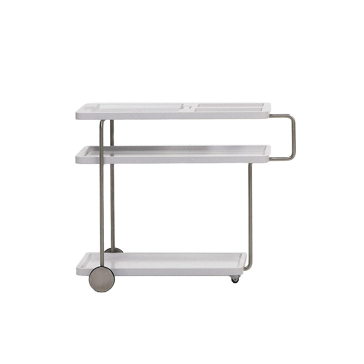 Happy hour trolley by Alfredo Häberli

Black or withe trolley. Chromed iron structure. Heat-shaped ABS+PMMA plastic trays, available painted with polyurethane micro-textured in matt white RAL 9003 or black RAL 9005.

Optional: Service table /