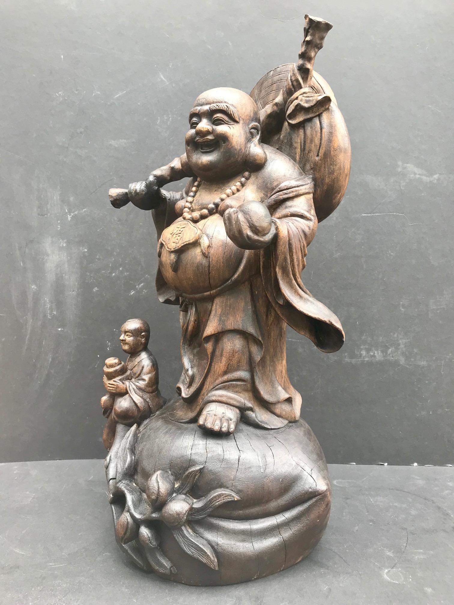 Happy Laughing Buddha, Large Hand Carved Chinese Standing Statue, Child at Feet 1