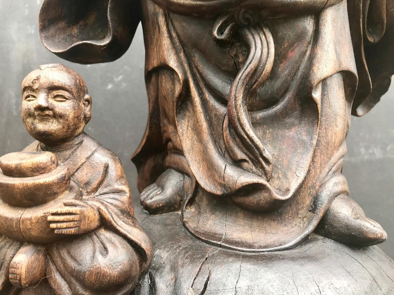 Happy Laughing Buddha, Large Hand Carved Chinese Standing Statue, Child at Feet 5