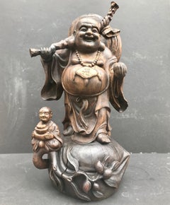 Happy Laughing Buddha, Large Hand Carved Chinese Standing Statue, Child at Feet