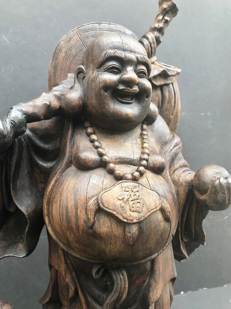 Happy Laughing Buddha, Large Hand Carved Chinese Standing Statue, Child