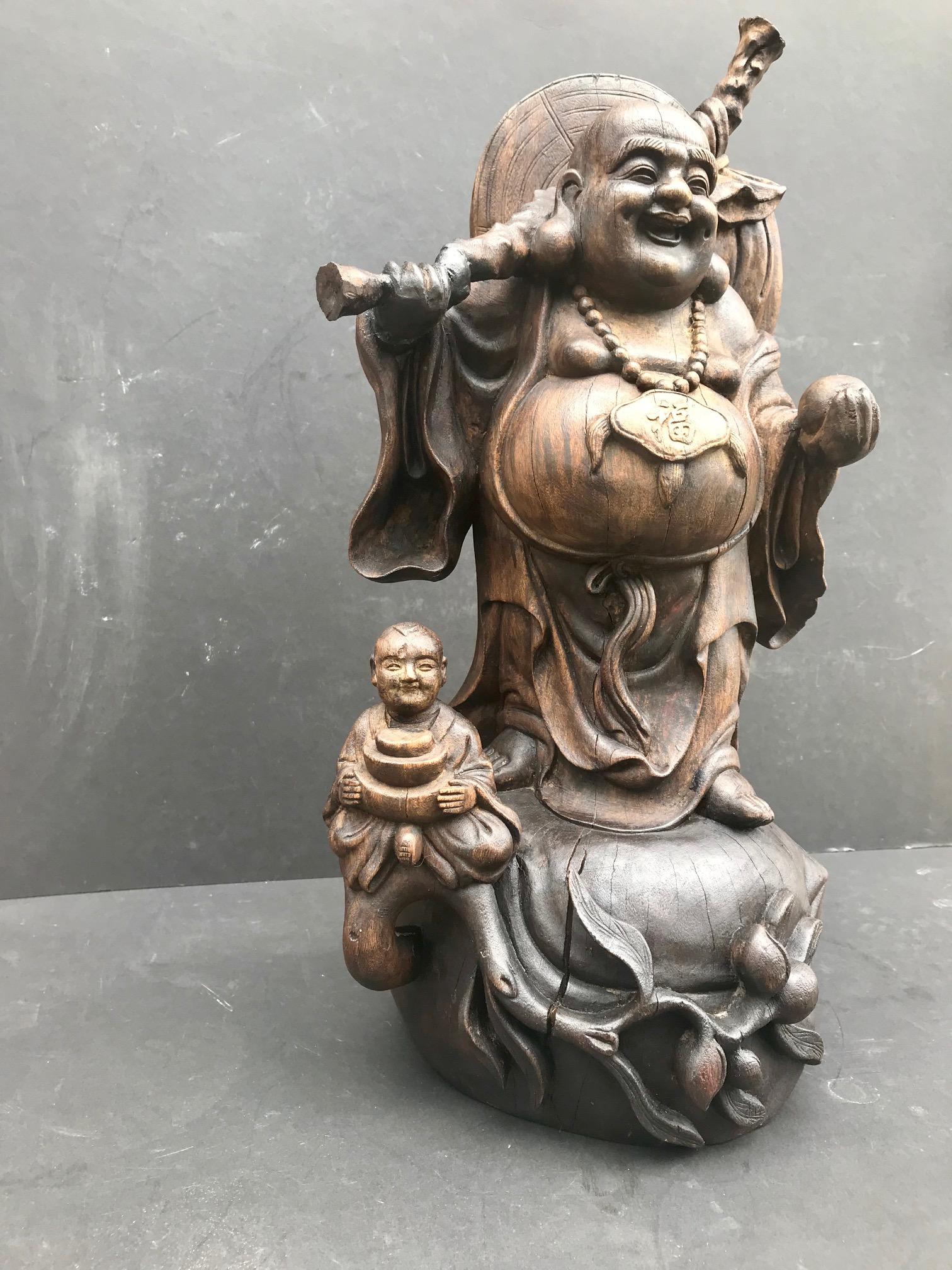 Qing Happy Laughing Buddha, Large Hand Carved Chinese Standing Statue, Child at Feet