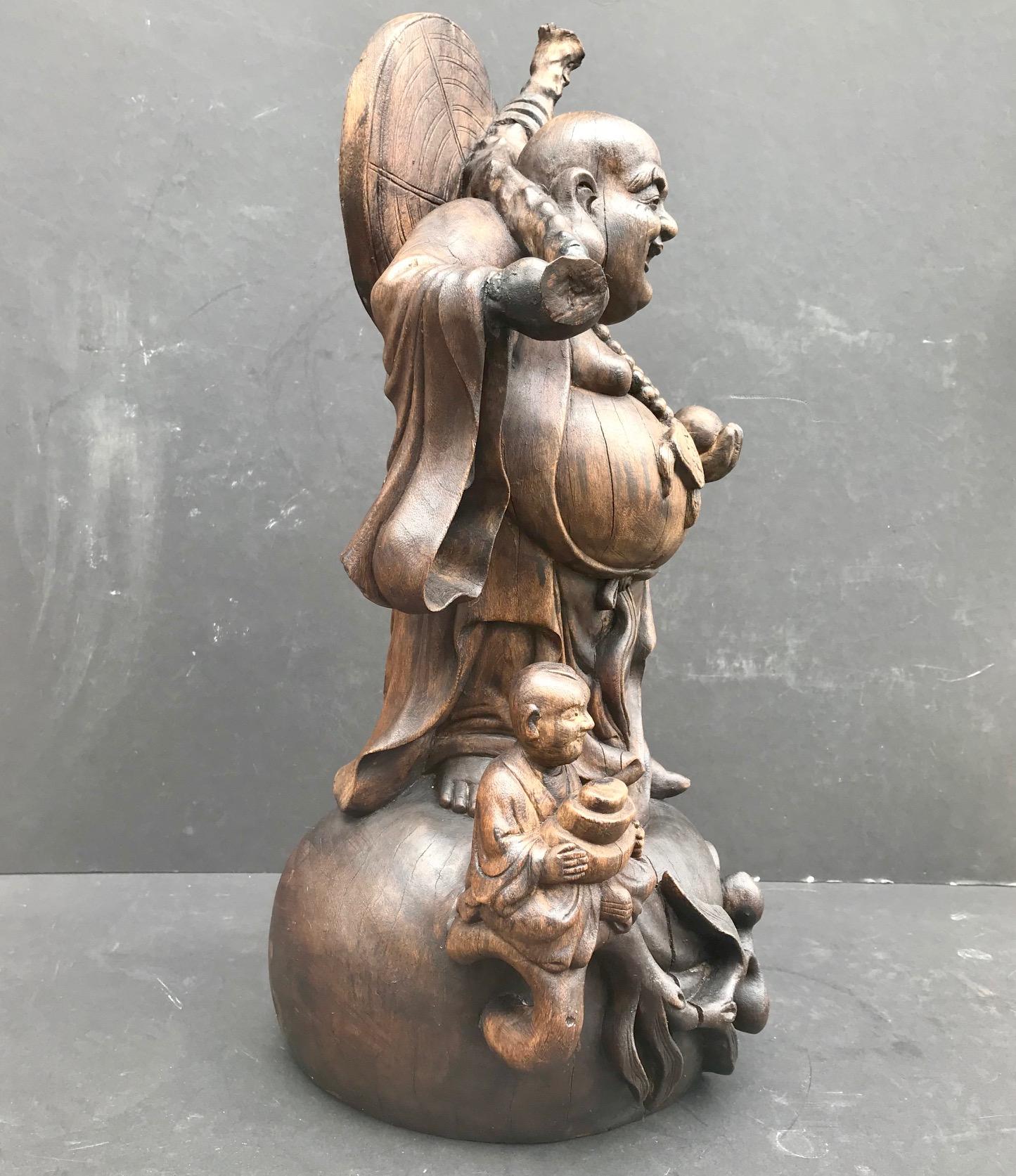 Hand-Carved Happy Laughing Buddha, Large Hand Carved Chinese Standing Statue, Child at Feet