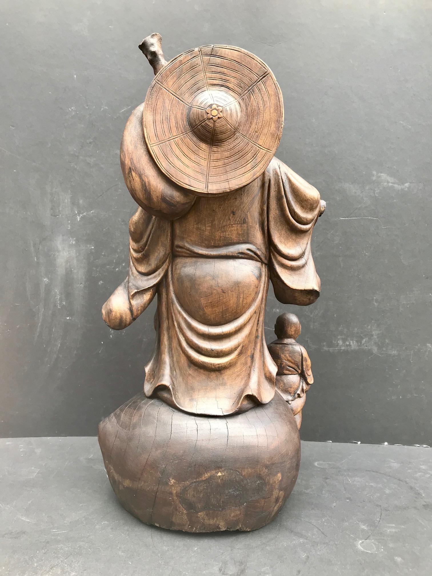 19th Century Happy Laughing Buddha, Large Hand Carved Chinese Standing Statue, Child at Feet