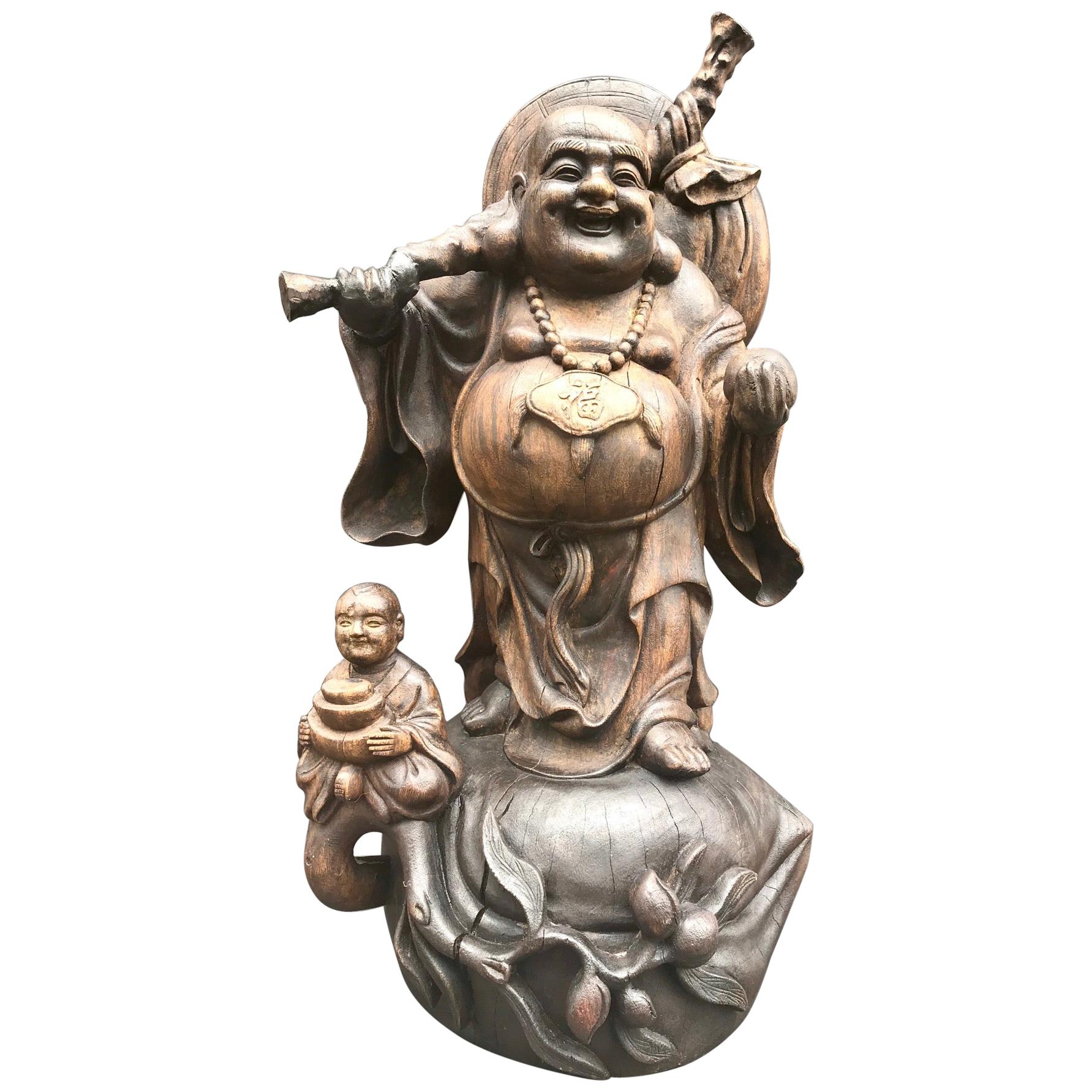 Happy Laughing Buddha, Large Hand Carved Chinese Standing Statue, Child at Feet