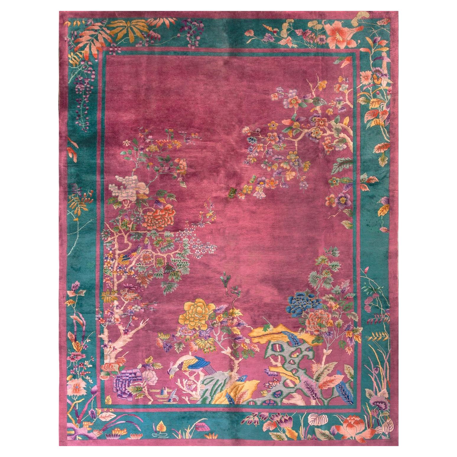 Happy Light Purple Color Exiting Floral Design Antique Chinese Art Deco Rug