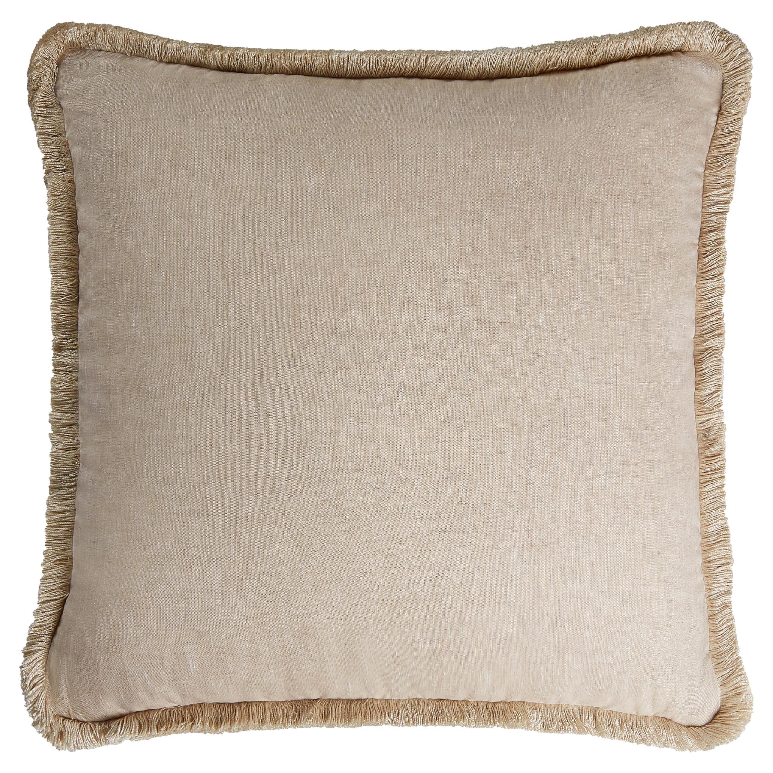 Happy Linen Pillow Beige with Beige Fringes For Sale