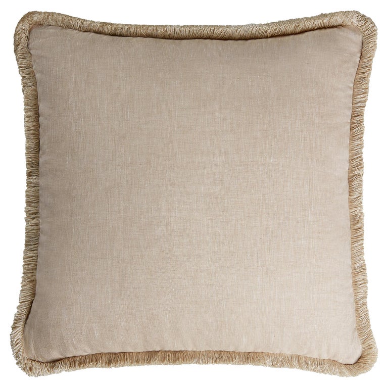 Happy Linen Pillow Beige with Beige Fringes For Sale at 1stDibs