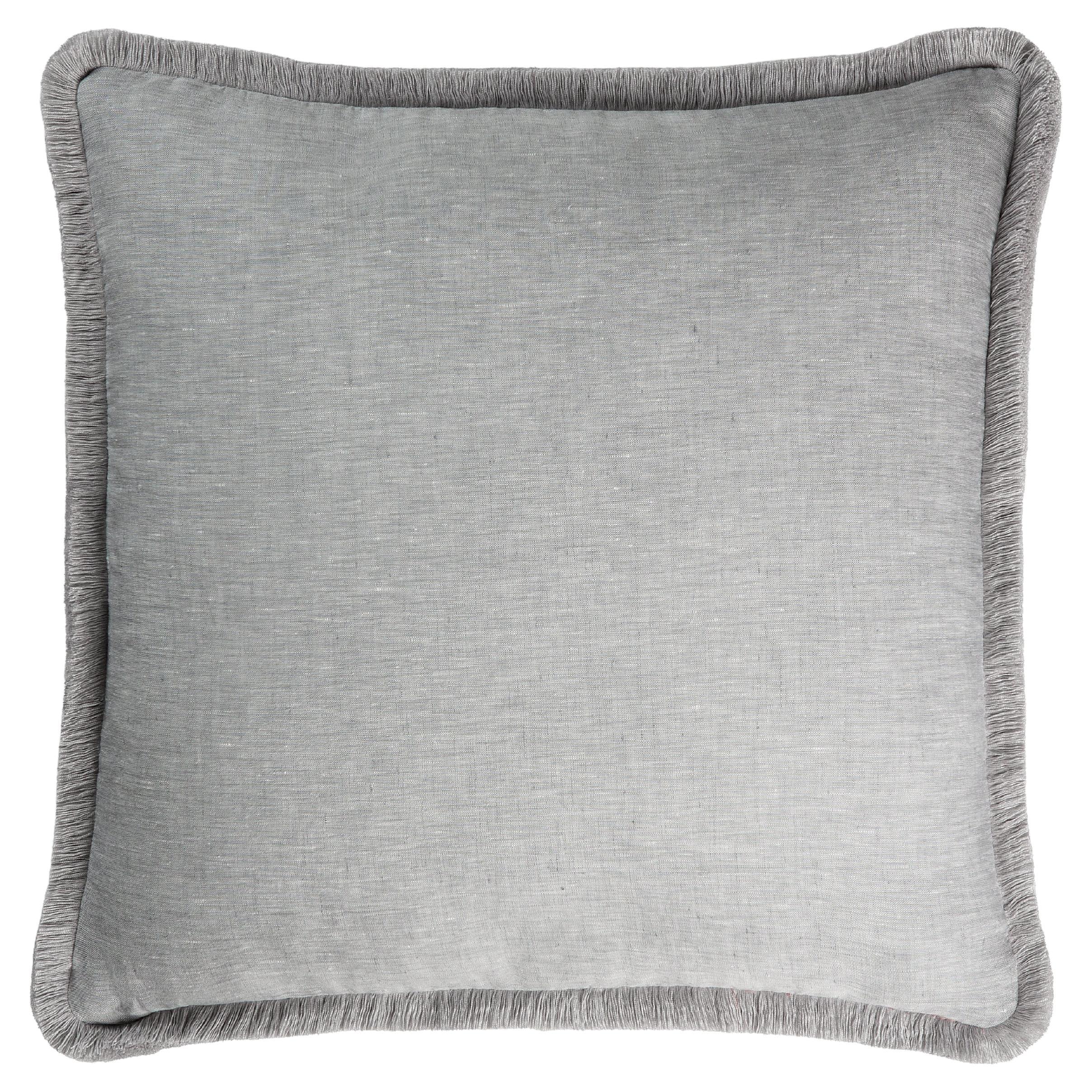 Happy Linen Pillow Gray with Gray Fringes For Sale
