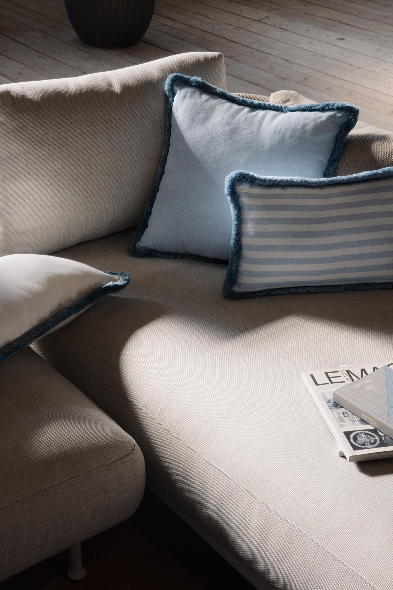 Modern Happy Linen Pillow Light Blue with Light Blue Fringes For Sale