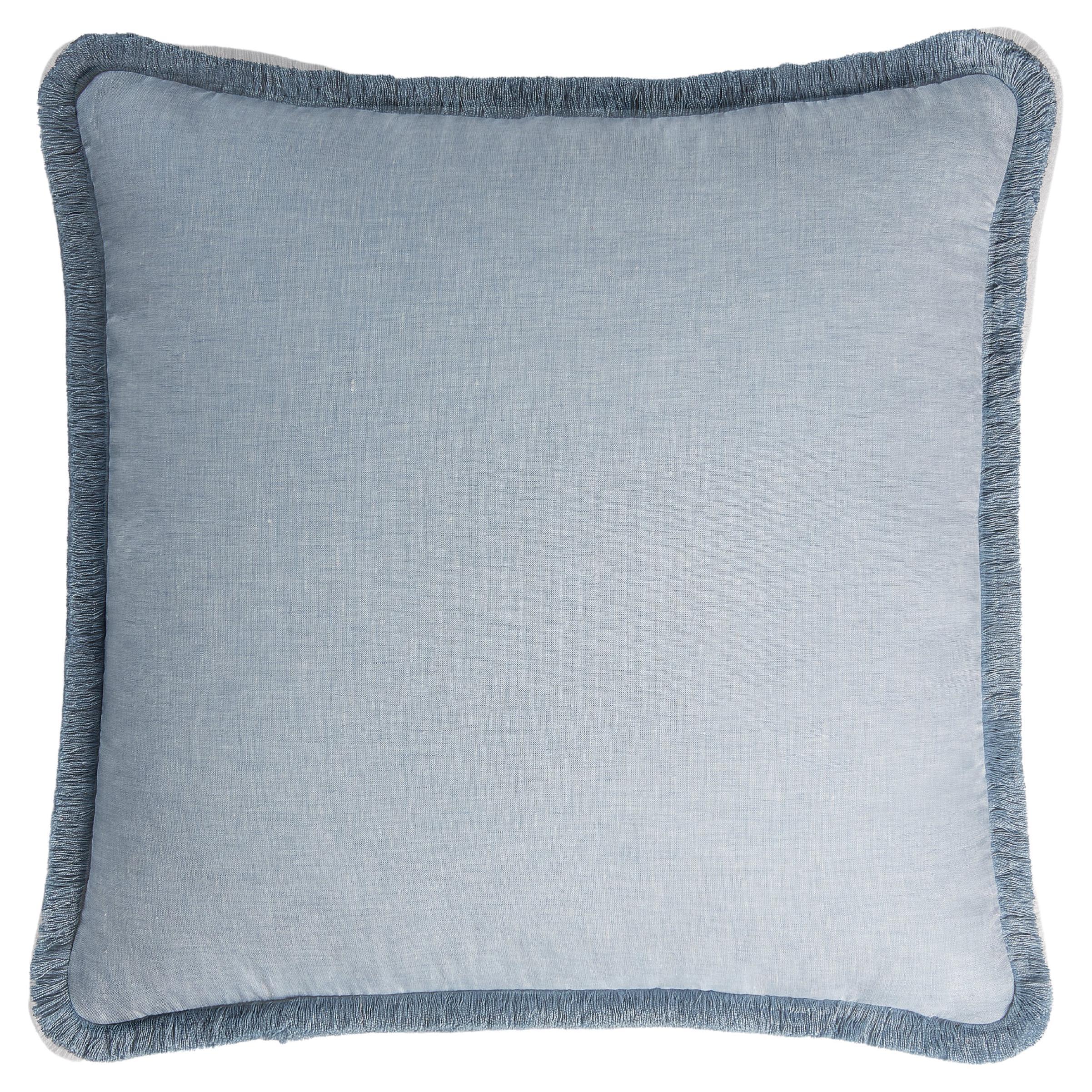 Happy Linen Pillow Light Blue with Light Blue Fringes For Sale