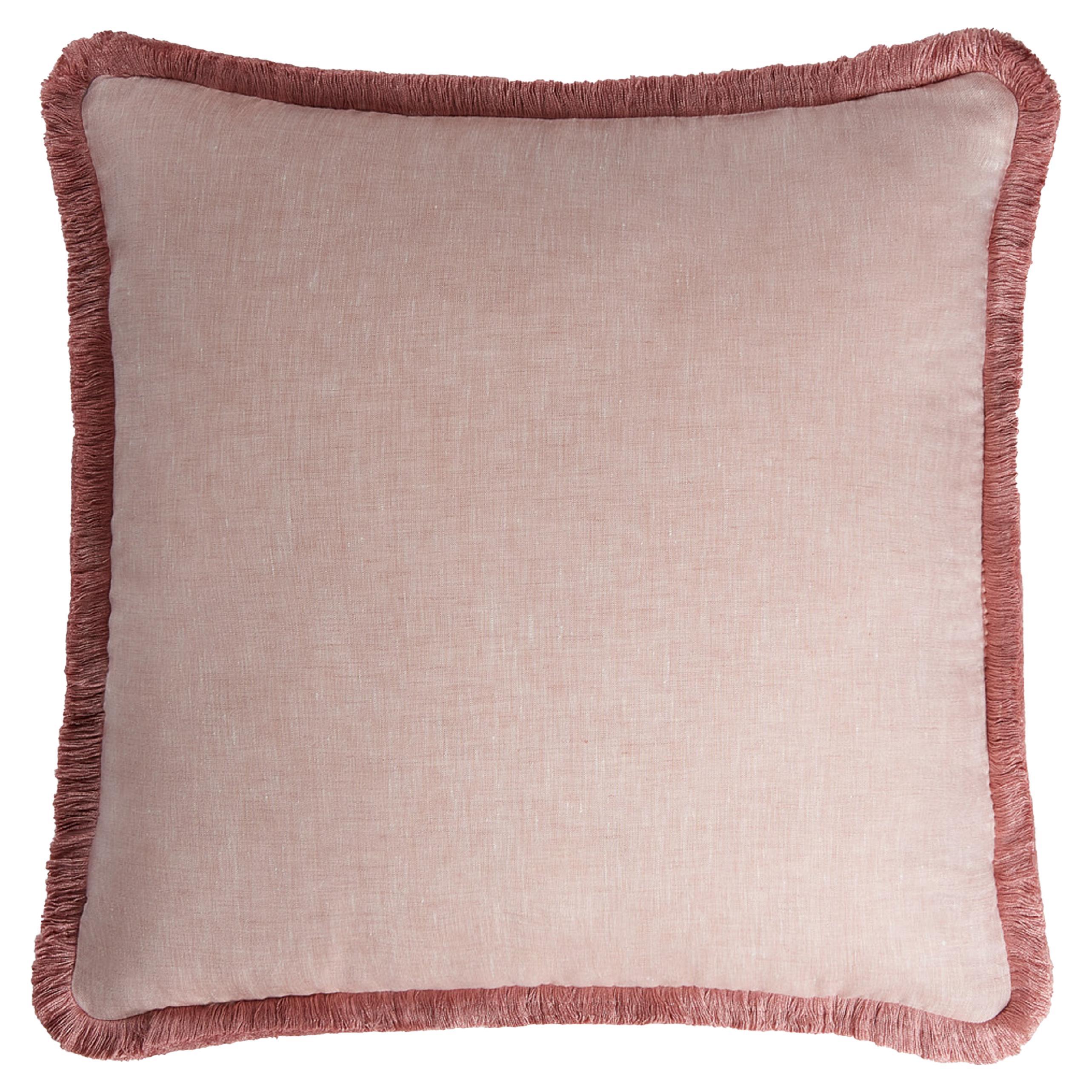 Happy Linen Pillow Light Pink with Light Pink Fringes For Sale