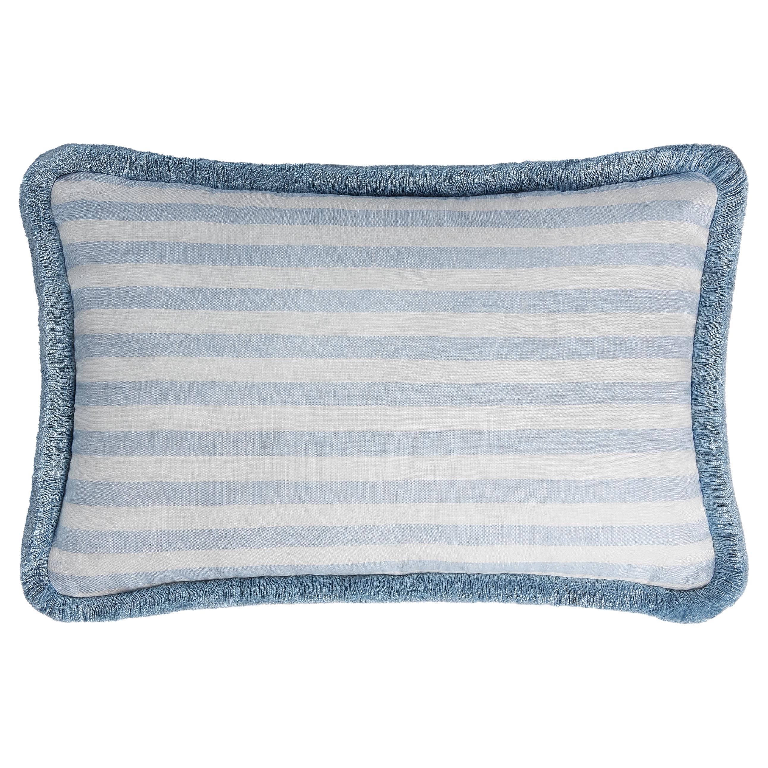 Happy Linen Pillow Striped Light Blue with Light Blue Fringes For Sale