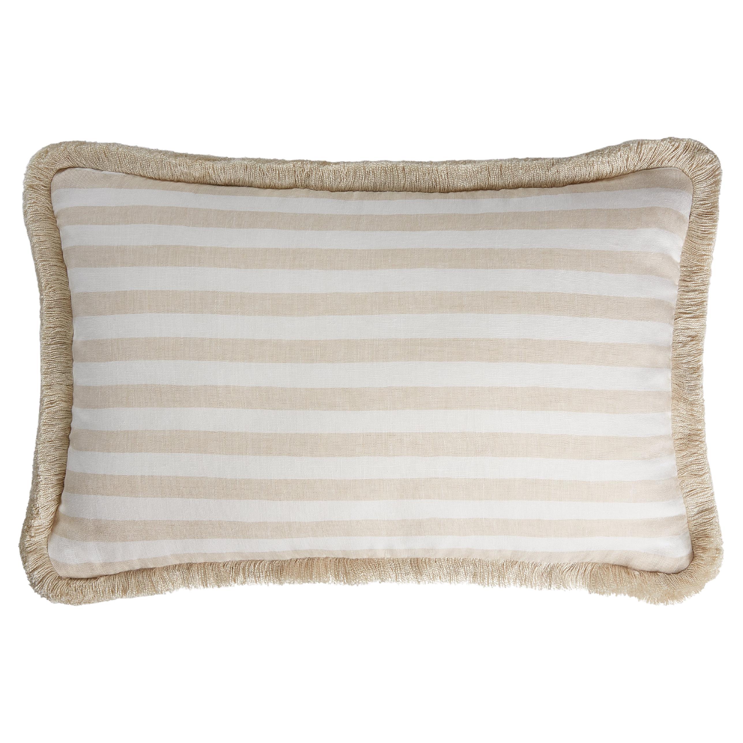 Happy Linen Pillow Striped White Beige with Beige Fringes For Sale