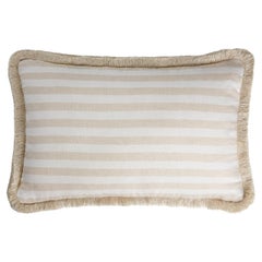 Happy Linen Pillow Striped White Beige with Beige Fringes