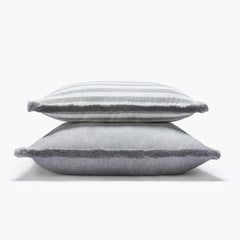 Happy Linen Pillow Striped White Grey with Grey Fringes