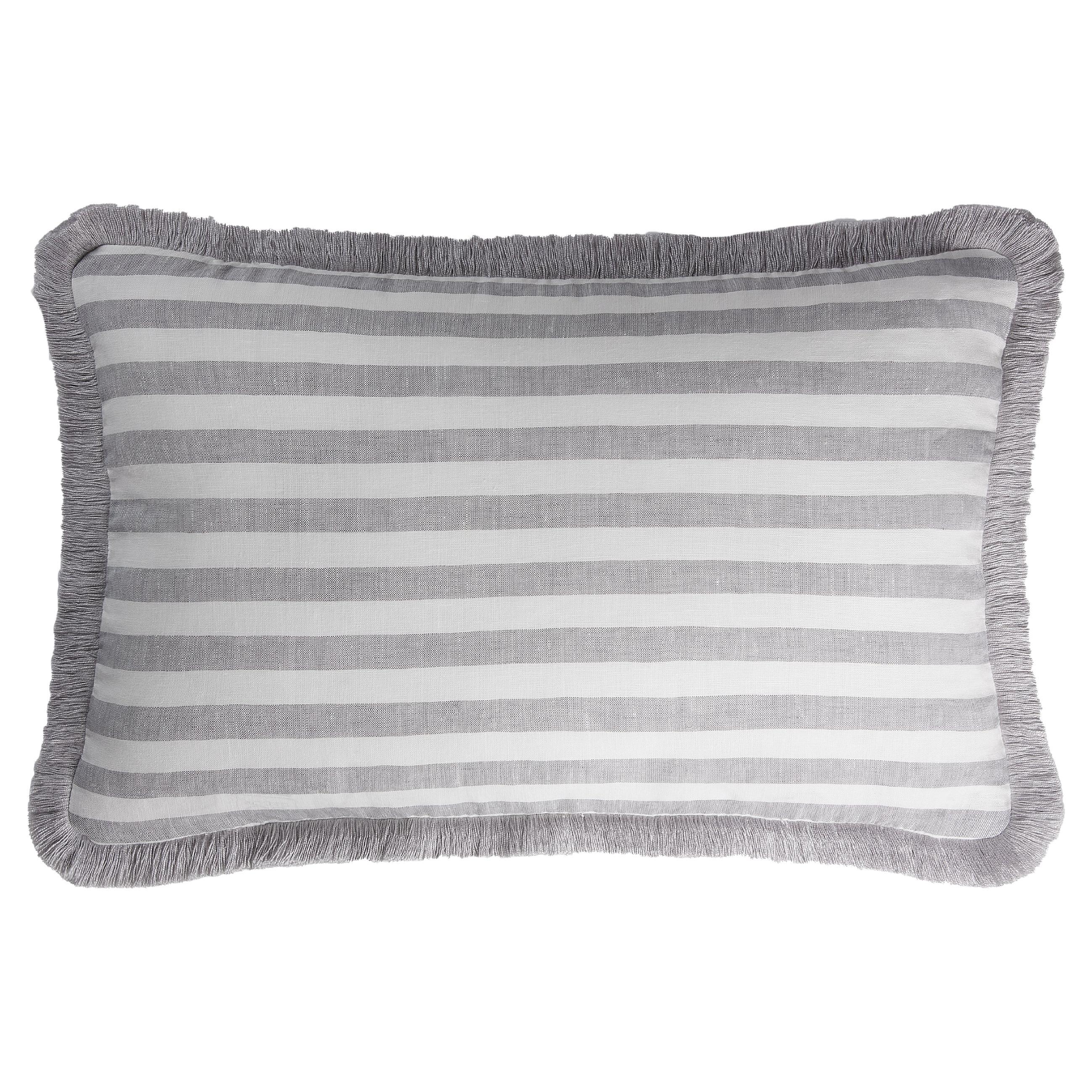 Happy Linen Pillow Striped White Grey with Grey Fringes For Sale