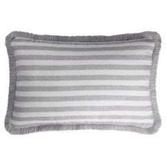 Happy Linen Pillow Striped White Grey with Grey Fringes